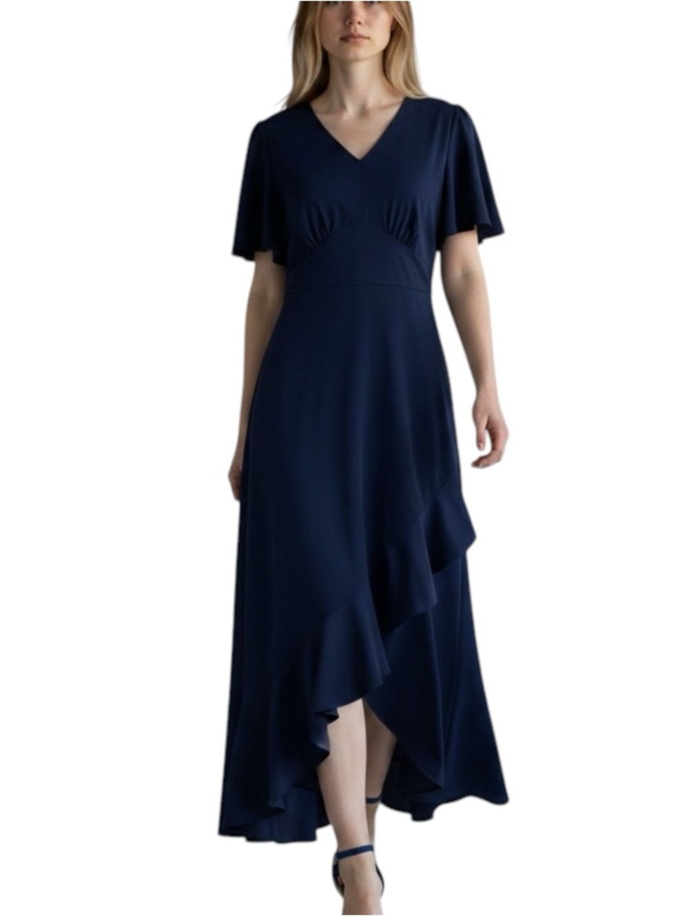 Grace Karin Navy Ruffled Short Sleeve Maxi Dress NWOT Size M Bohemian